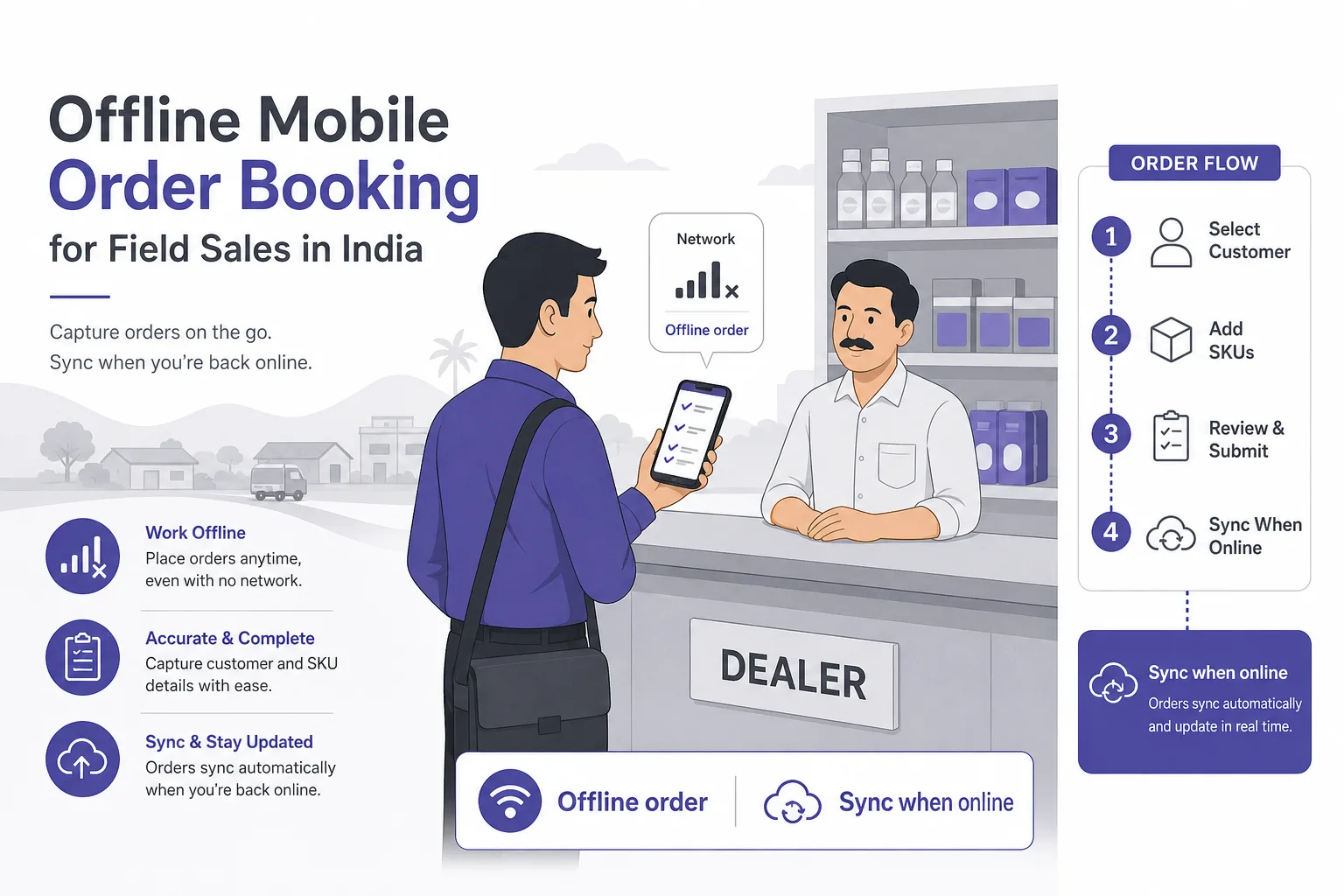 Infographic of offline mobile order booking for field sales with sync when online